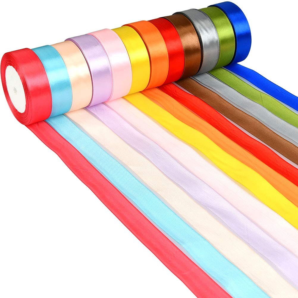 "N/A" 12 Colour 25mm Satin Ribbon Rolls Double Sided Silk Ribbon for Sewing Bows Hairbands Crafts Gift Party Wedding Decor, 300 Yards Wide Ribbon Rolls(25 Yards for Each)