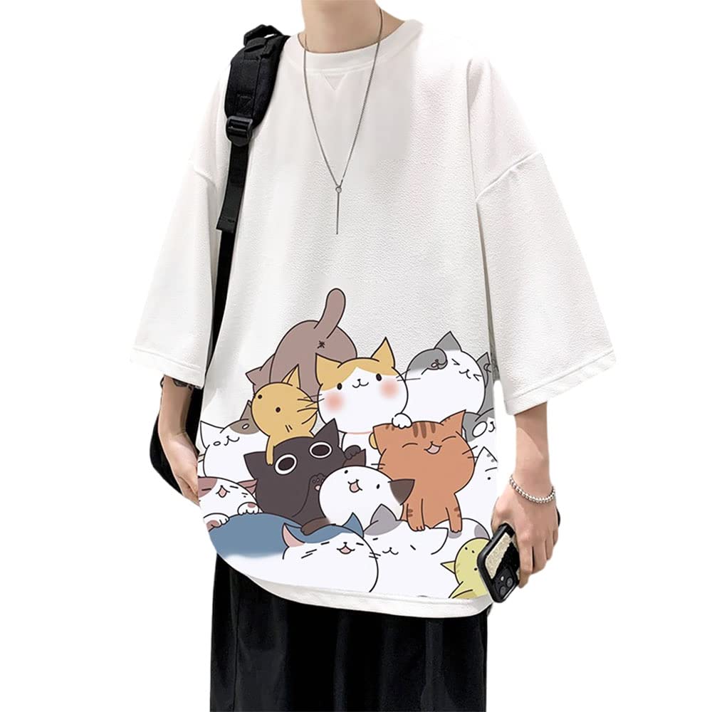 Anzn Men's Summer T-Shirt, Short Sleeve, Top, Solid, Loose, Cat Logo, Funny Shirt, Cute, Large, Round Neck, Cute, Comfortable, Popular, Fashionable, Spring and Summer