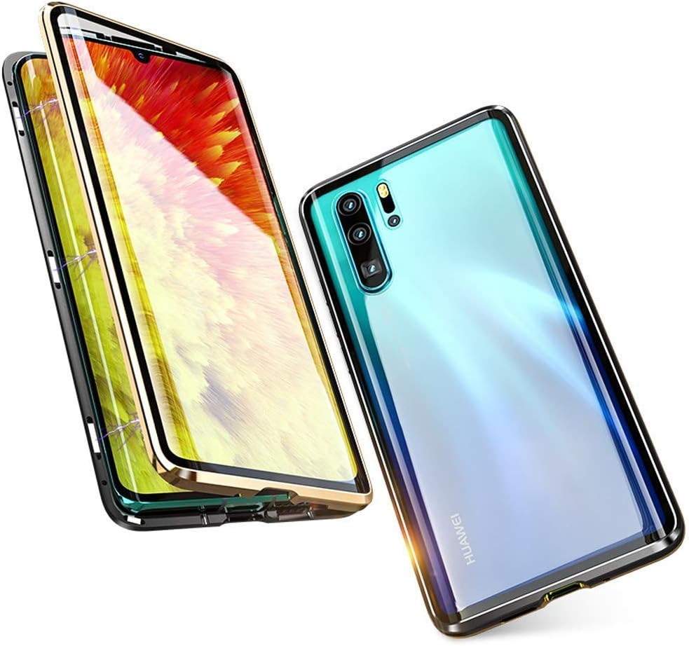 HaptiCase Case for Huawei P30 Lite, Magnetic Adsorption Shockproof Double Sided Transparent Tempered Glass Case Cover Aluminium Metal Frame 360 Degree Protection Case – Gold