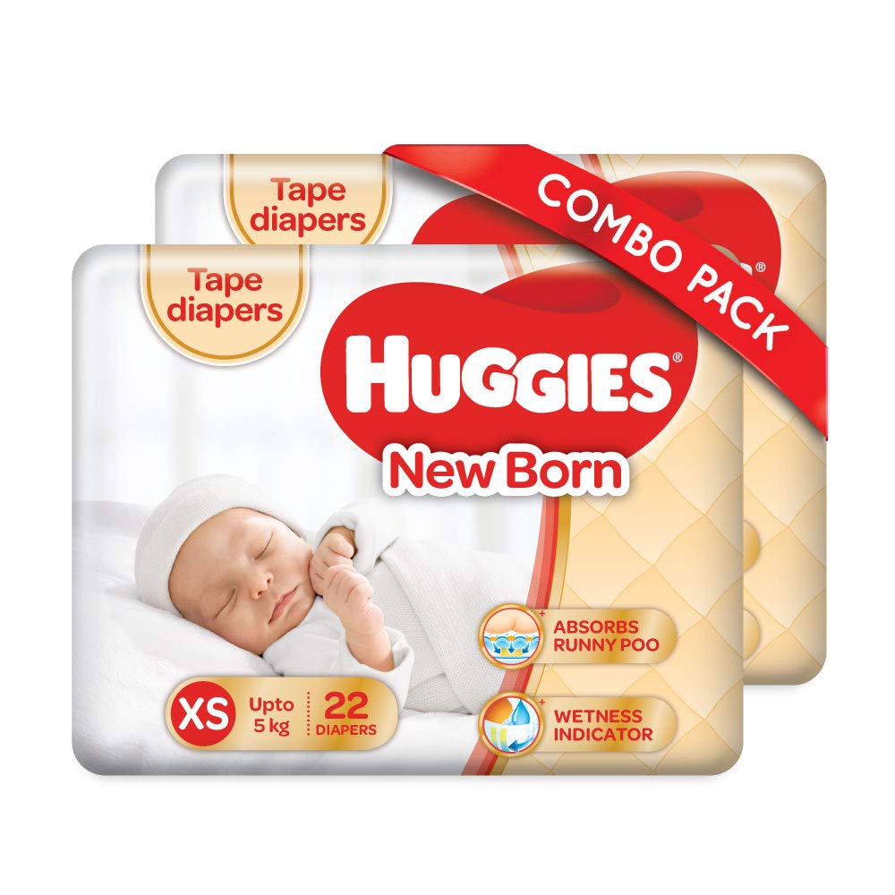 Huggies Taped Diapers, New Born (XS) Size (Upto 5 kg), Combo Pack of 2