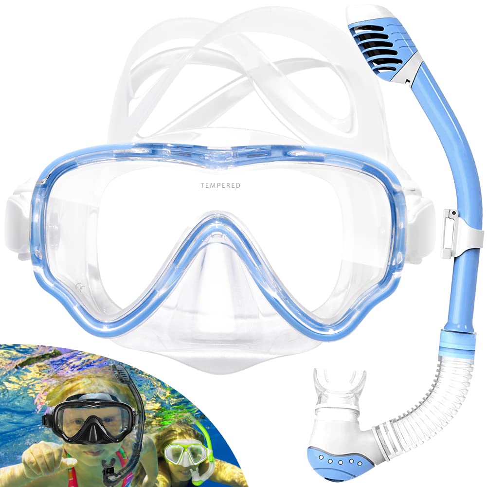 HINATAA Snorkel Set Adults/Kids, Panoramic 180° Wide View Scuba Mask, Anti-Fog Anti-Leak Tempered Glass Safety Scuba Diving Mask, Free Breathing Easy Dry Top Snorkel, Adjustable Strap (Lightblue/Kids)