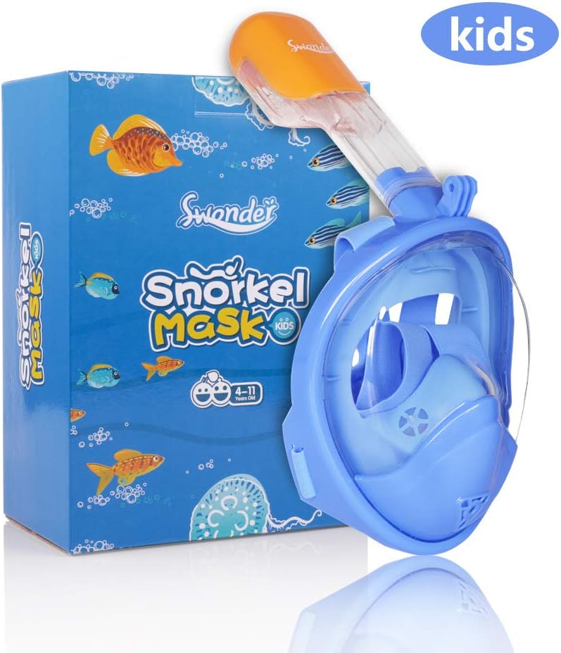 Swonder 2018 Newest Version 180° Panoramic Sea View Full Face Snorkel Mask-Tubeless Snorkeling Set, for Adults & Kids (Baby Blue, XS)