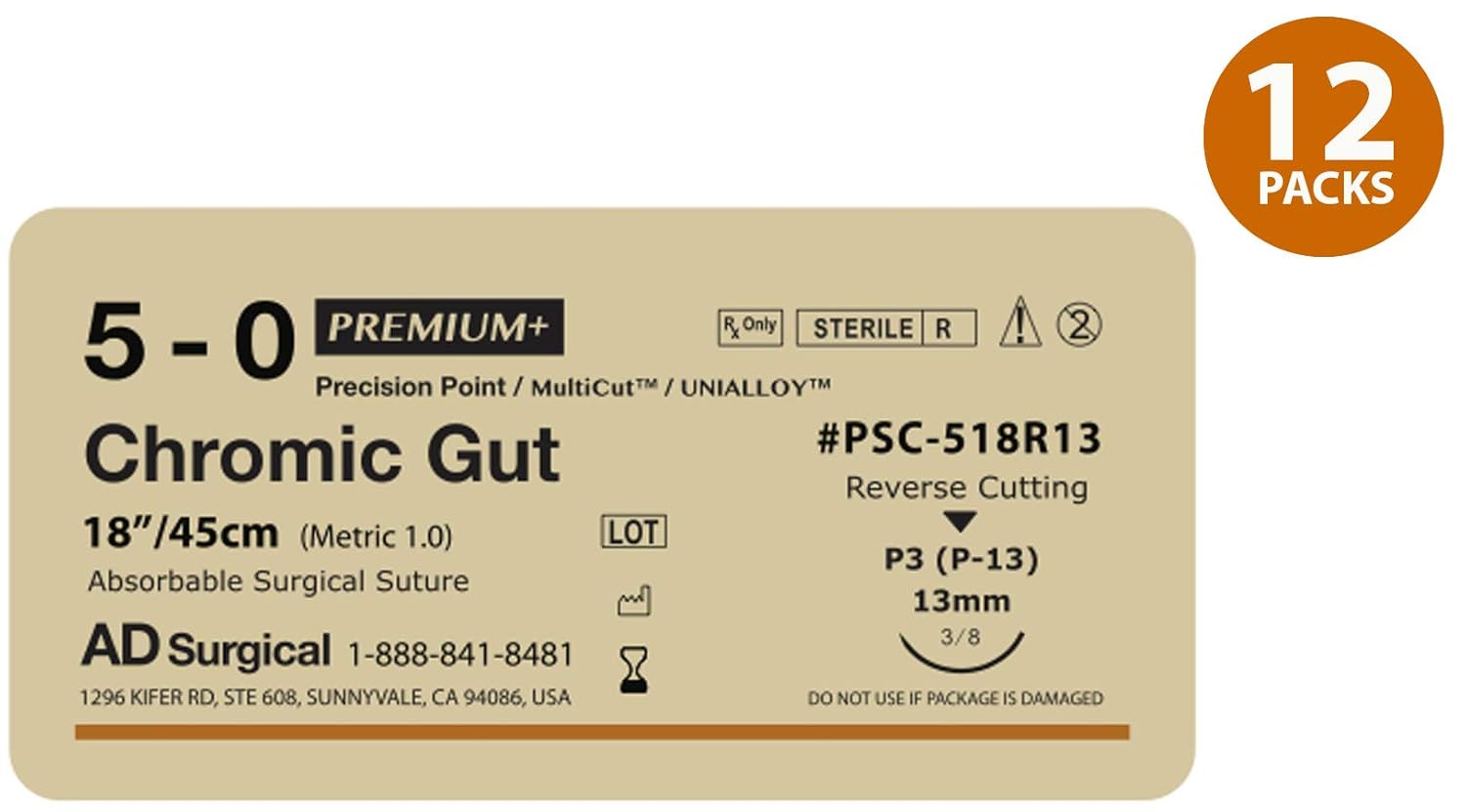 UNIFY Premium+ Surgical Chromic Gut Sutures. #PSC-518R13 Absorable. Mono Brown. Size 5/0. 18"/45cm Thread. 13mm 3/8 Circle R/C Needle (P-3/P-13). 12 Foil Packs/Box.