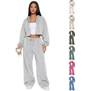 XINJUJILYLYM Womens Sweatsuits 2 Piece Set Cropped Zip up Hoodie Wide Leg Drawstring Lounge Sweatpants Travel Jogger Sets