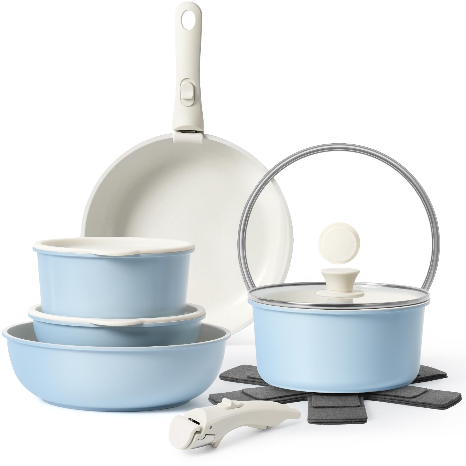 Photo 1 of SODAY 15Pcs Pots and Pans Set Non Stick, Cookware Sets with Detachable Handle, Nonstick RV Kitchen Cooking Tools Removable Handles, Oven Safe, Induction Fast, Stackable Induction Cookware, Blue