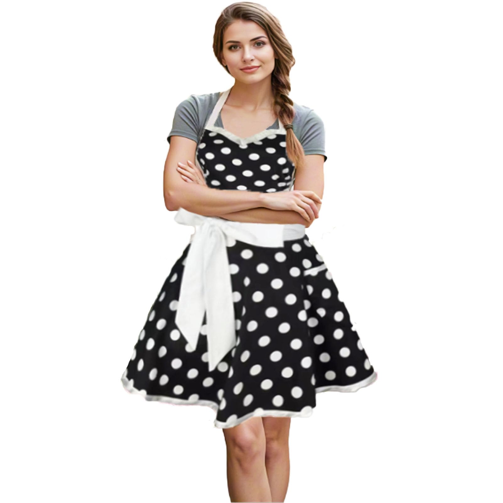 Gaf Nuncew Elegant Long Apron with Backless Design, Polka Dot Pattern, Lace Trim & 2 Pockets for Women, Kitchen Cooking Baking Hostess Outfit (Black)