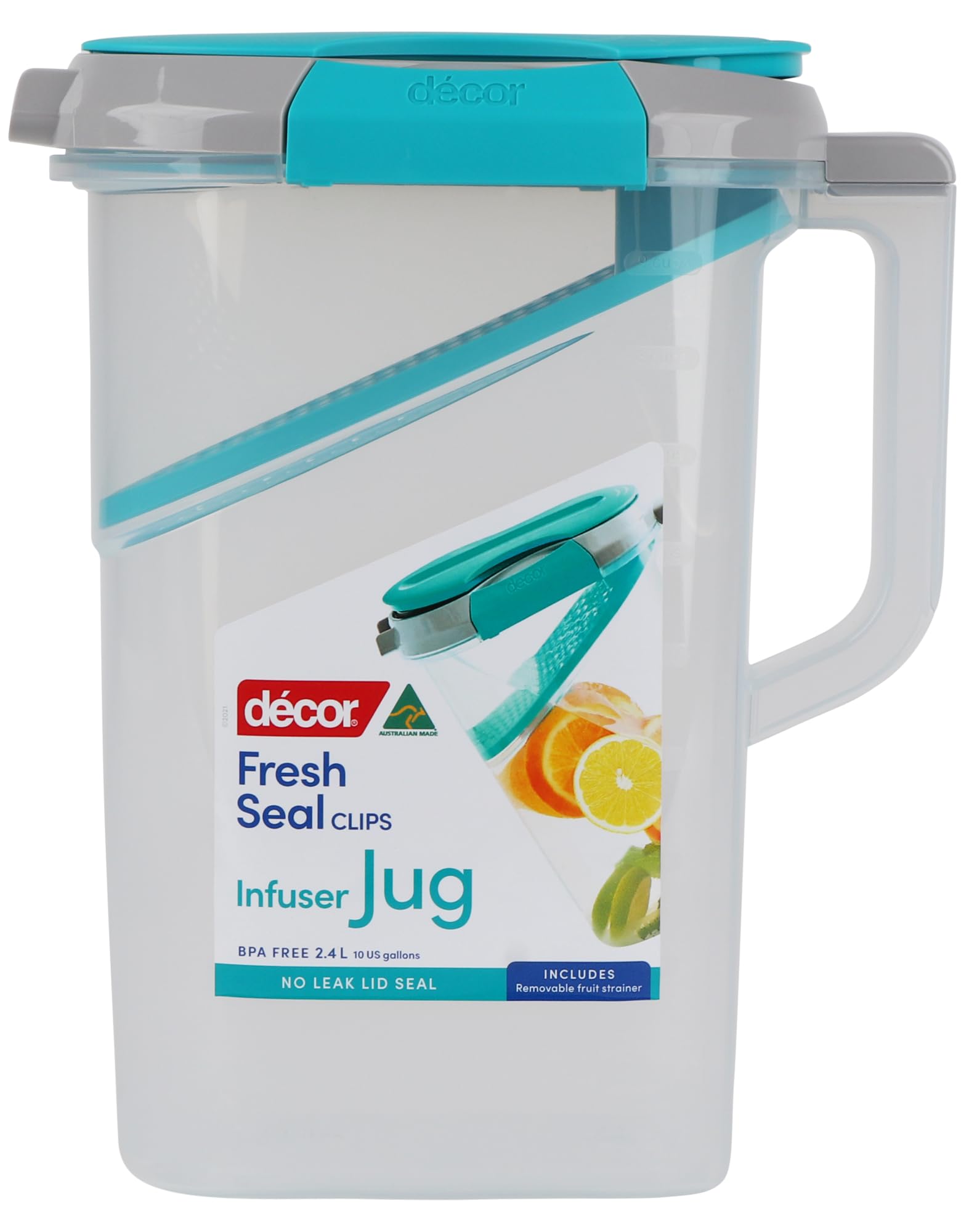 Décor Fresh Seal Clips Large Water Jug with Removable Fruit Infuser | BPA-Free & Leakproof | Fridge Door Jug | 2.4L Capacity