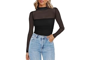 Zeagoo Women's Sexy Mock Turtle Neck Long Sleeve Tops Sheer Mesh Ruched Trendy Going Out Shirts Blouse