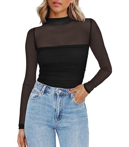 Women's Mesh Long Sleeve Tops - Mock Neck Sheer See Through Tee