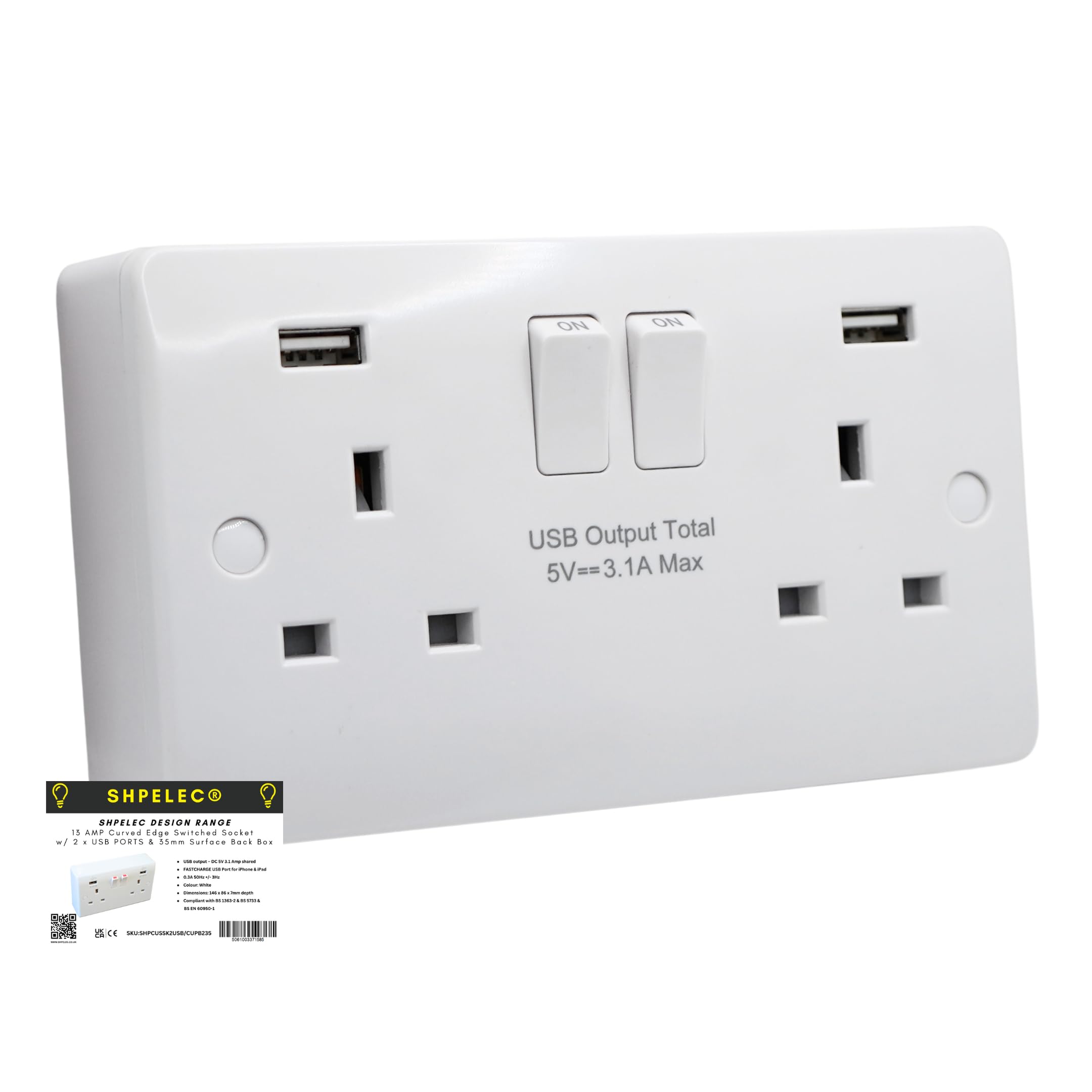SHPELEC ® Premium Curved Edge White Electrical Sockets Range - Convenient and Versatile Power Solution (2G Socket with USB Ports (Type-A) + Back Box, 1 Pack)