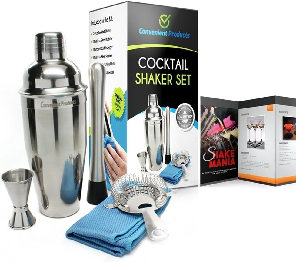 Cocktail Shaker Set Stainles Steel (24 Oz) with Muddler, Jigger, Recipes Booklet, Strainer & Gift Box Packaging - Bonus Microfiber Polishing Cloth - Dishwasher Safe