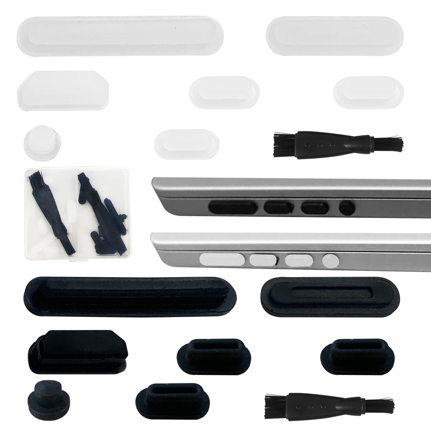 14PCS Dust Plugs Set Compatible with MacBook Pro 16 Inch 14 Inch Laptop Port Silicone Protection Anti Dust Plugs Caps Covers,With two Brushes and a Clear Storage Box（ Black，transparent)
