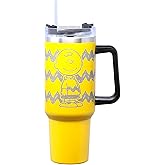Spoontiques Etched Peanuts Stainless Steel Travel Mug, 40oz - Double Wall Insulation, Sturdy Handle, Sliding Lock Travel Lid - Charlie Brown
