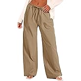 AKEWEI Women Cotton Linen Summer Palazzo Pants Drawstring Waist Wide Leg Lightweight Beach Trousers with Pockets