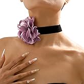 Zeshimb Boho Black Velvet Choker Necklace with 3D Purple Rose Flower and Satin Floral Collar - Exaggerated Large Flower Necklace for Cosplay Gifts, Women & Girls
