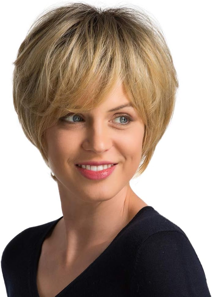 Emmor Short Blonde Human Hair Wigs for Women Blend With Healthy Memory Fiber Pixie Cut Ombre Wig Dark Root,Natural Daily Hair