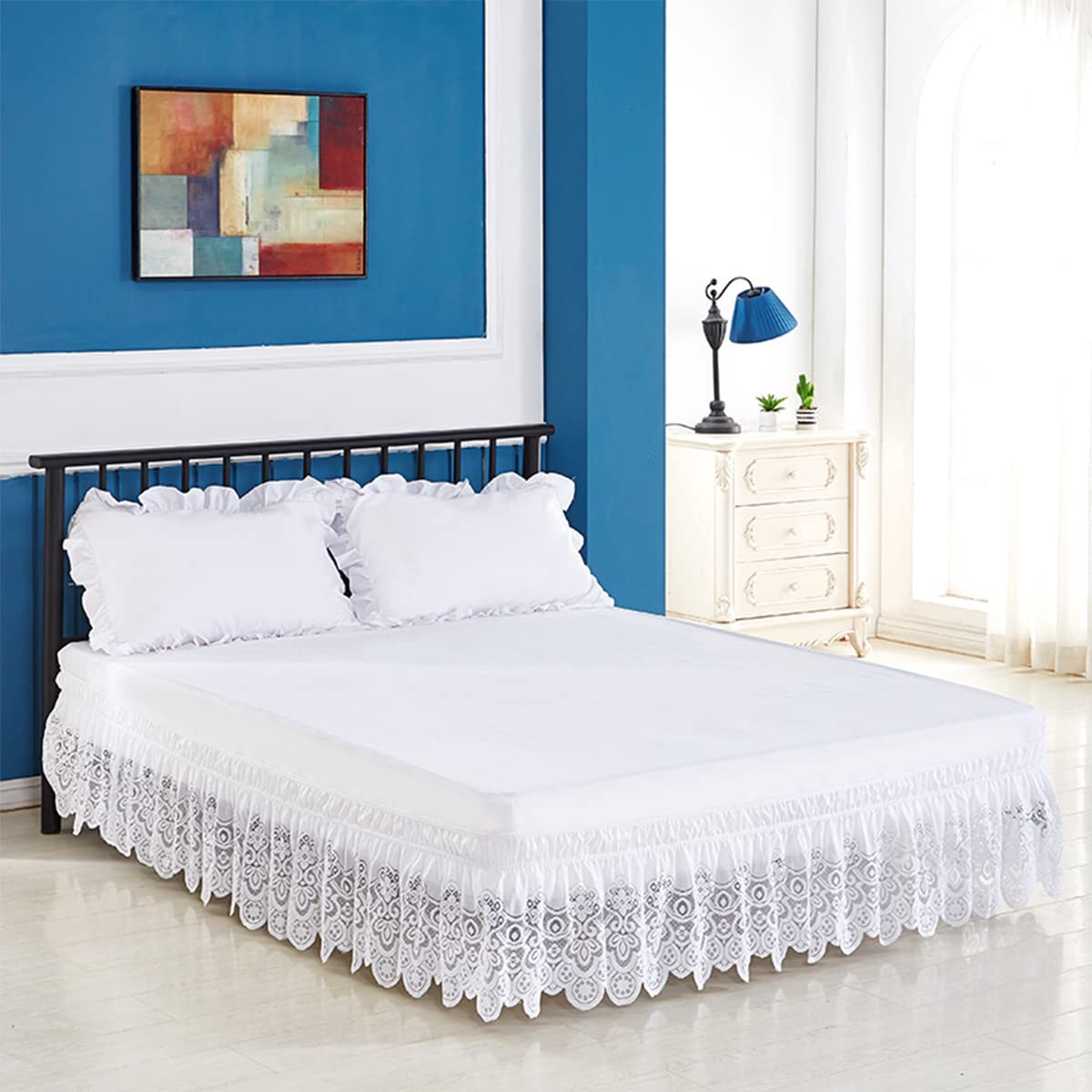 Photo 1 of Home Wrap Around Elastic Lace Bed Skirts Bed Wrap Easy Fit Dust Ruffle Bedskirt 14" Drop Dust Ruffle Adjustable