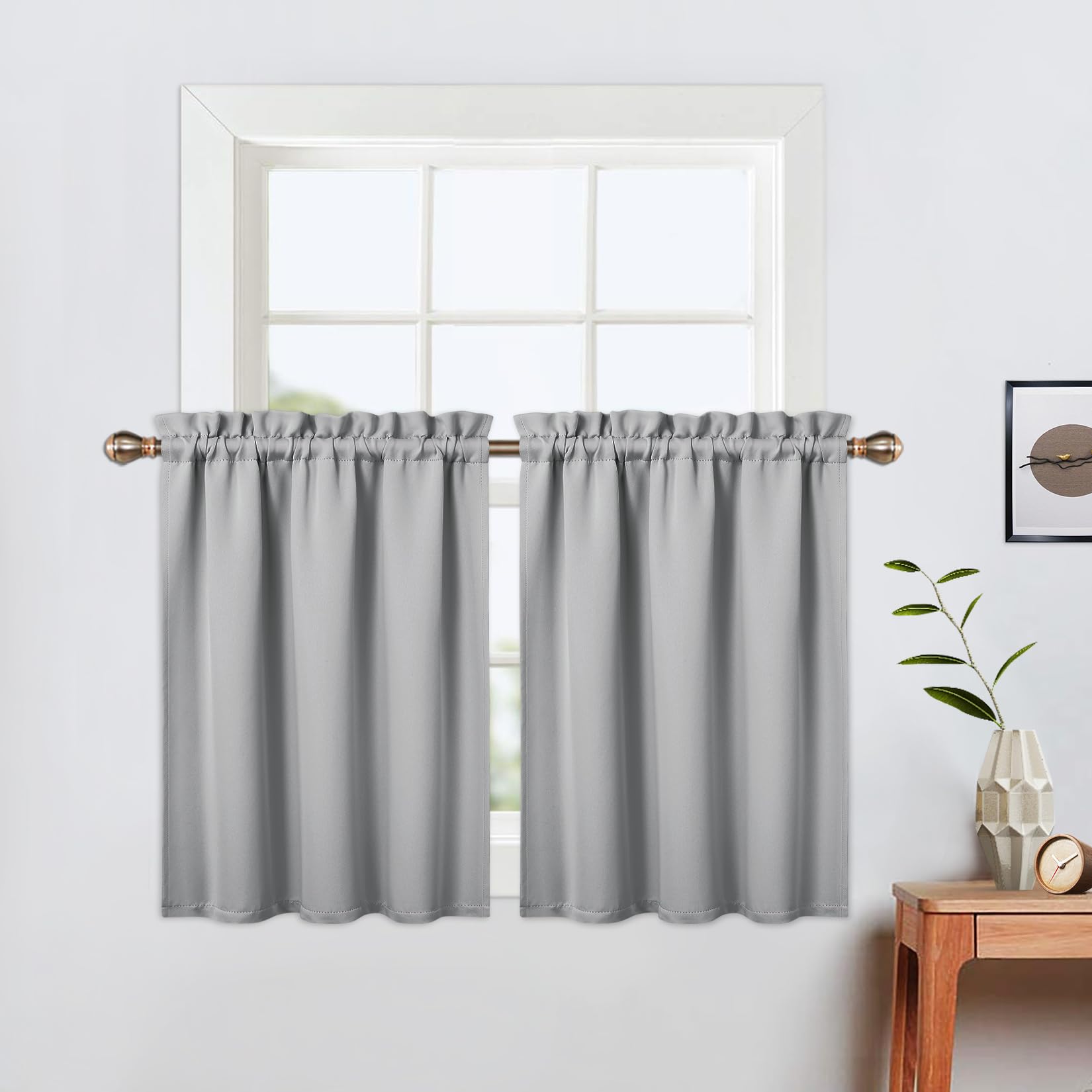 LinTimes Blackout Short Curtains 24 Inches Long for Bathroom - 2 Panel Rod Pocket Cafe Tier Light Blocking for Small Windows Kitchen, Light Grey Wine — image 1
