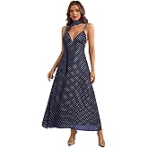 winkbay Women's Polka Dots Tie Backless Dress Deep V Neck Spaghetti Strap Maxi Dresses with Scarf
