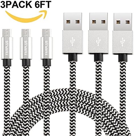 Farplus Micro USB Cable,3Pack 6FT Extra Long Nylon Braided High Speed Data Charging Cable Android Charger Cord for Samsung Galaxy S7 Edge S6 S5 S4,Note,LG,Nexus,HTC,MP3(Black/Silver)