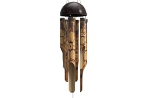 Nalulu Rustic Bamboo Wind Chimes - Outside Outdoor Wooden Windchimes, Small, Floral Burned Design with Coconut Crown, Handcrafted with Calming Deep Tones, Home Decor Ideal Gift for Him & Her