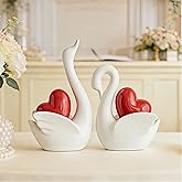 Haumei Ceramic Swan Couple Figurines, Romantic Home Decor, Decorative Sculptures for Living Room, Bedroom, Shelf | Valentine's Day Wedding (Set of 2) (White Swan with Red Heart)