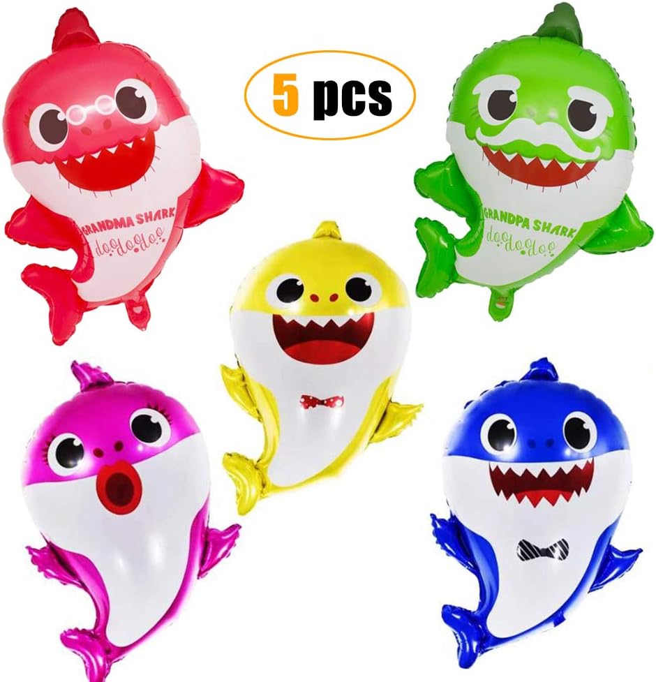5 Piece Baby Shark Balloons,19" Baby Shark Theme Foil Balloons for Baby Shower Birthday Decorations Party Supplies