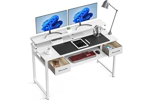 ODK Computer Desk Study Table, 48 Inch Office Desk with Drawers and Keyboard Tray, Study Desk Work Desk with Monitor Shelf, Writing Desk with Storage for Home Office, White