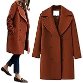 utcoco Women's Wool Blend Double Breasted Pea Coat Notched Lapel Mid Long Trench Overcoat with Pockets