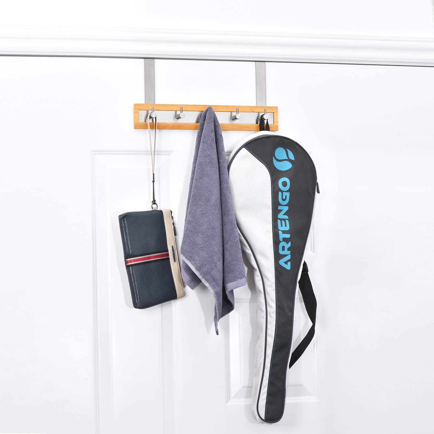 ToiletTree Products Bamboo Wood & Stainless Steel Over The Door Towel Rack, 5 Hooks: Kitchen & Dining