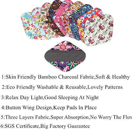 6Pcs Set Menstrual Pads Reusable Washable Charcoal Bamboo Heavy Flow Over Night 13 inch Sanitay Pads with 1 Cloth Mini Wet Bag by Simfamily - Thumbnail 4