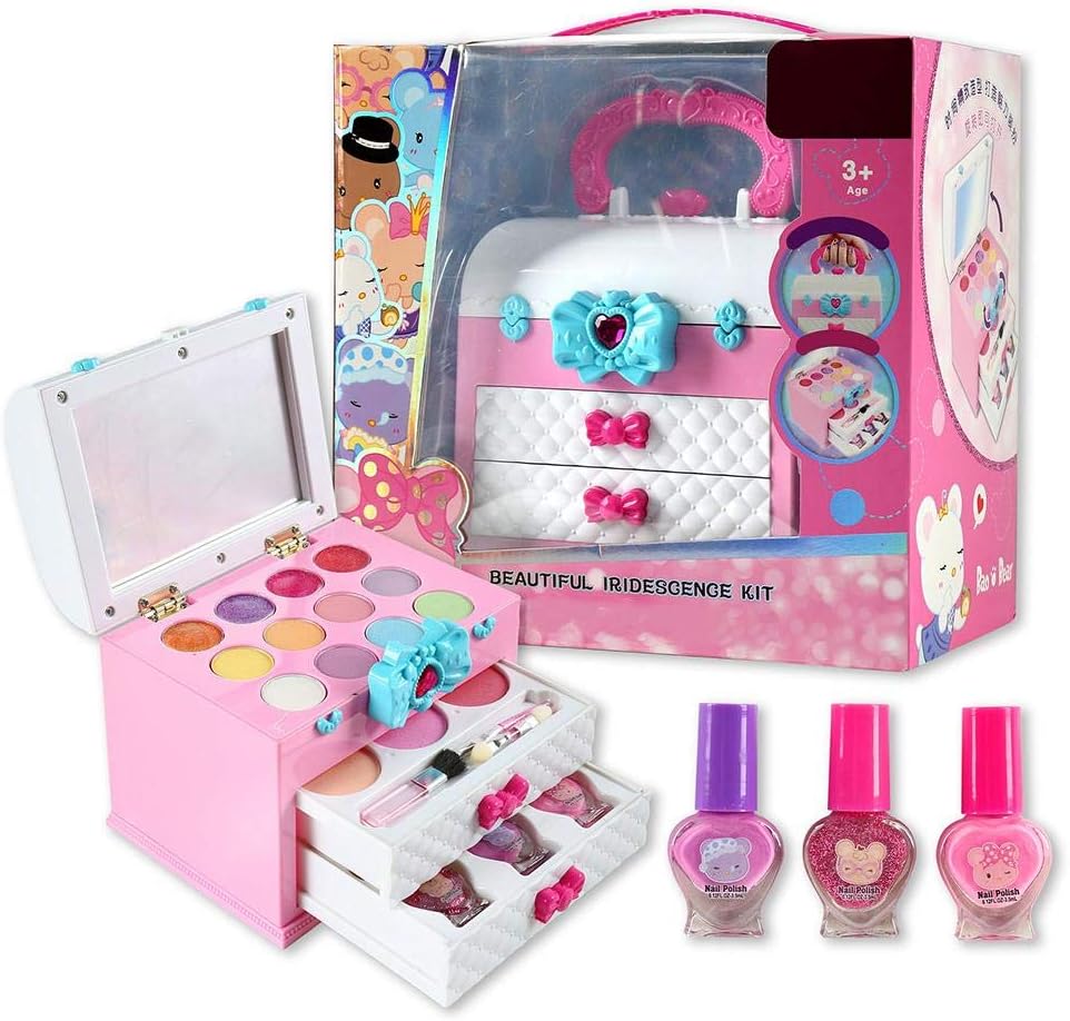 Kids Makeup Kit for Girls with Cosmetic Box, Girl Pretend Play Makeup Set, Cosmetic Toy Kit for 3-8 Year Old Children