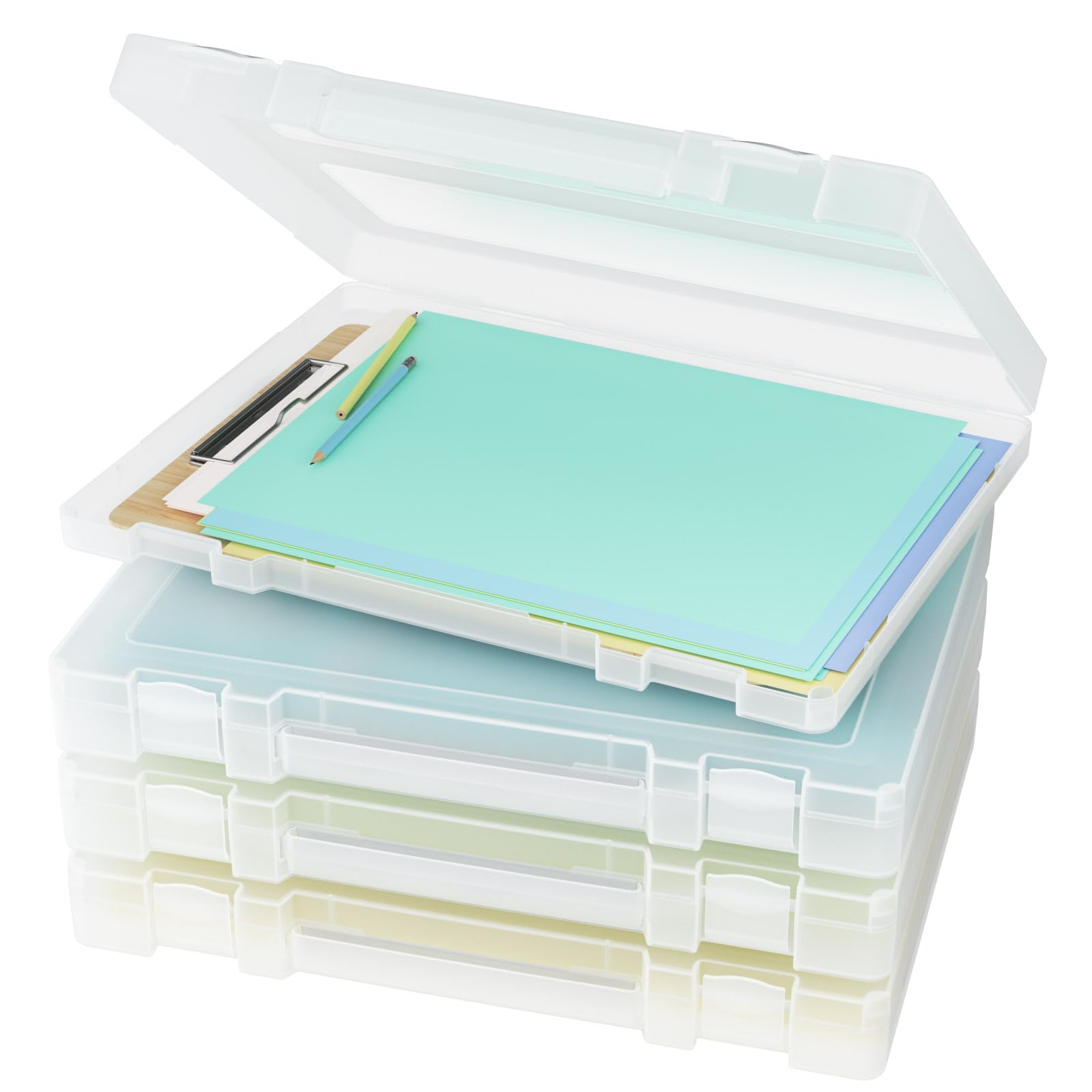 Photo 1 of Denkee Large Paper Storage Box, 4 Pack Plastic Scrapbook Paper Storage Organizer with Handle for A4, 8.5 x 11 US Letter, Portable File Document Case, Board Game Storage
