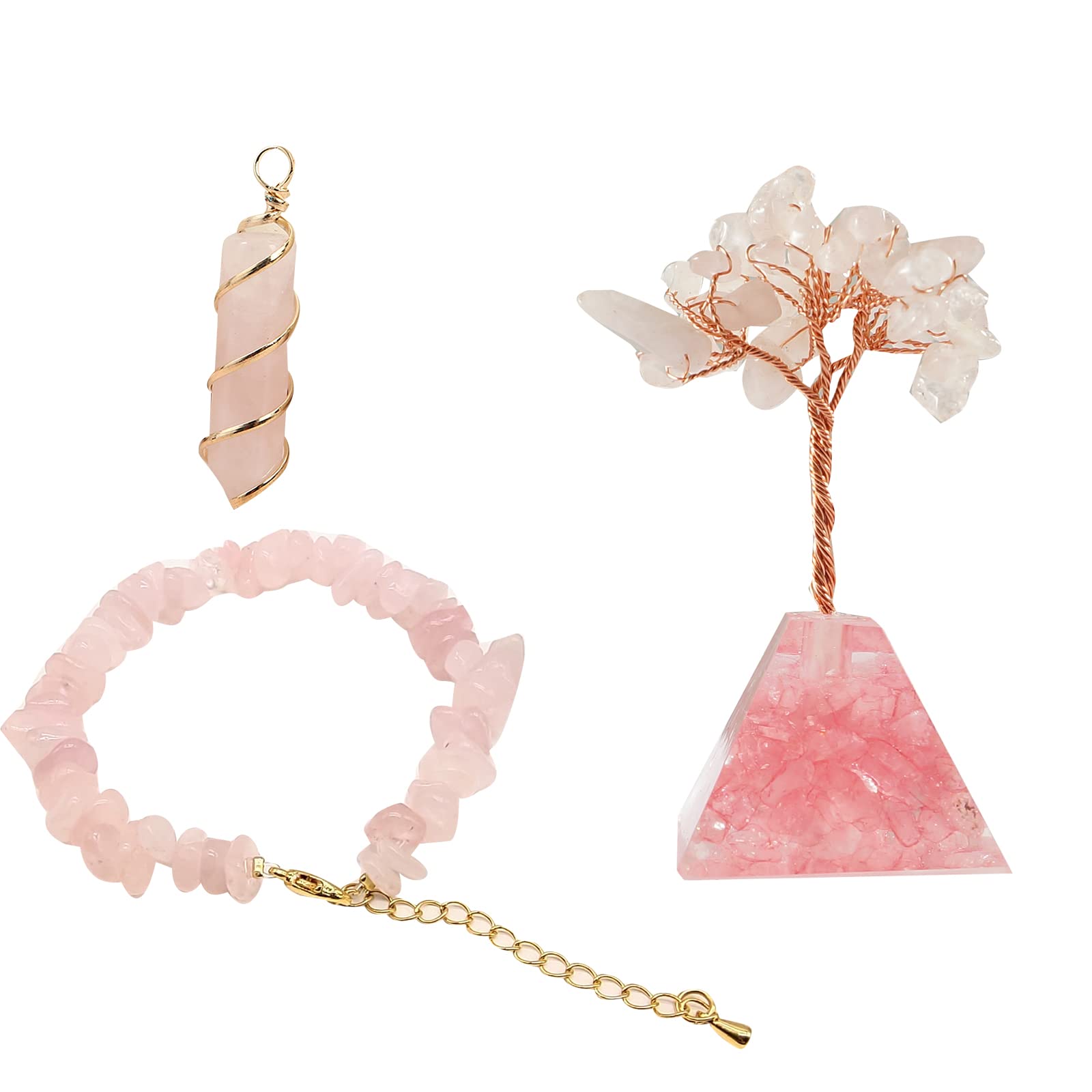 Healing Crystal Natural Rose Quartz Crystal Orgen Pyramid Tree of Life Pachira Macrocarpa Ornament Pink Crystal Crushed Stone Bracelet Hexagonal Prism Pendant Necklace — image 1