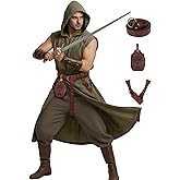 Dicxoser Renaissance Medieval Costume Set for Men - 4PC Viking Hooded Sleeveless Surcoat Halloween Cosplay Apparel