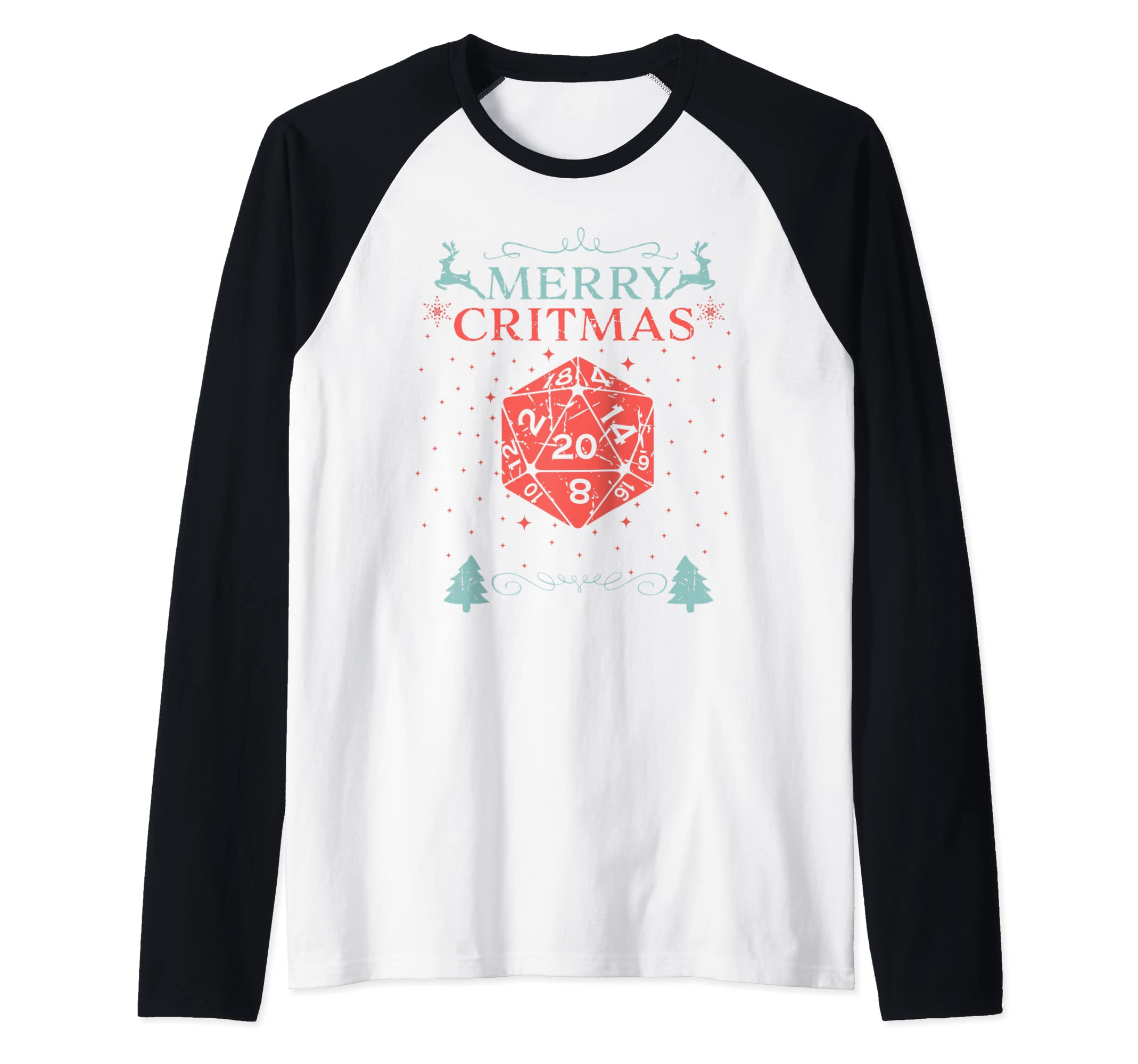 Merry Critmas 20 Sided Dice RPG Christmas Holiday Board Game Raglan Baseball Tee