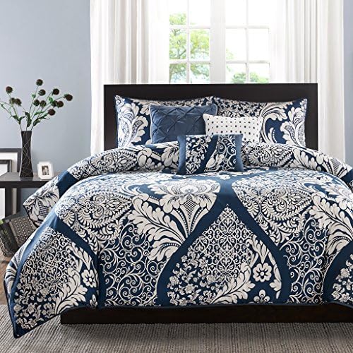 Madison Park Vienna Duvet Cover Full/Queen Size - Indigo Blue Damask Duvet Cover Set - 6 Piece - Cotton Light Weight Bed Comforter Covers