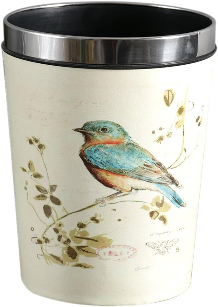Lingxuinfo 12L Retro Style PU Trash Can Wastebasket Waste Paper Bin Paper Basket Uncovered Waste Bin Dustbin Garbage Bin for Kitchen Bedroom Office (Bird Pattern)