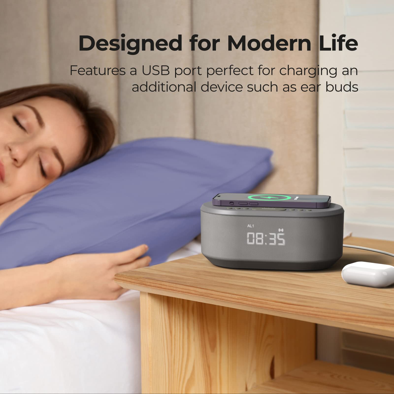 i-box Dawn, Alarm Clock Radio, Alarm Clocks for Bedrooms, FM Radio, Alarm Clock with Wireless Charging, Wireless Speakers with Bluetooth, Digital Alarm Clock, USB Port, Dimmable Night Light (Grey)