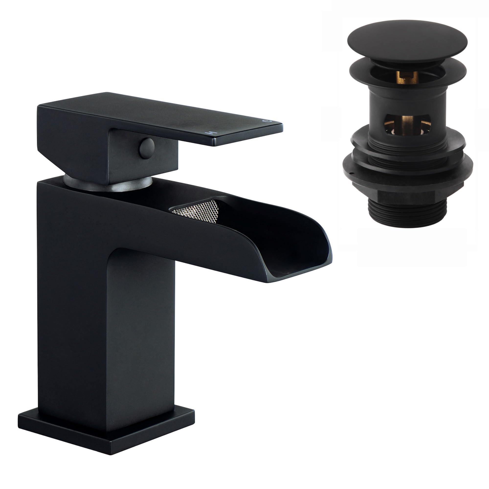 ENKI, Plaza, BBT0135, Matte Black Basin Mixer Tap, Square Waterfall Open Spout Design, with Slotted Pop Up Waste