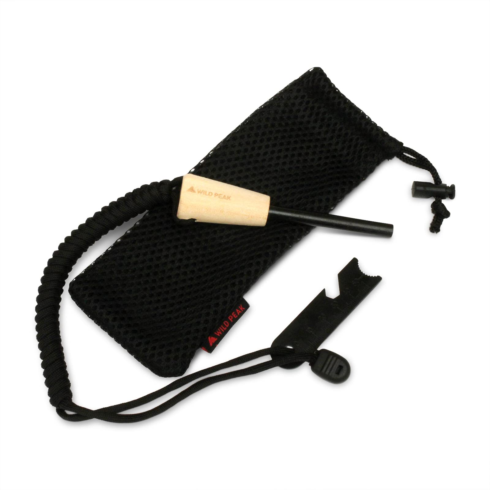 Wild Peak Premium Fire Steel with Paracord Strap & Carry Bag - Quality Ferro Rod Fire Starter with over 2m of Military Grade 550 Parachute Cord for Survival & Bushcraft from (Black)
