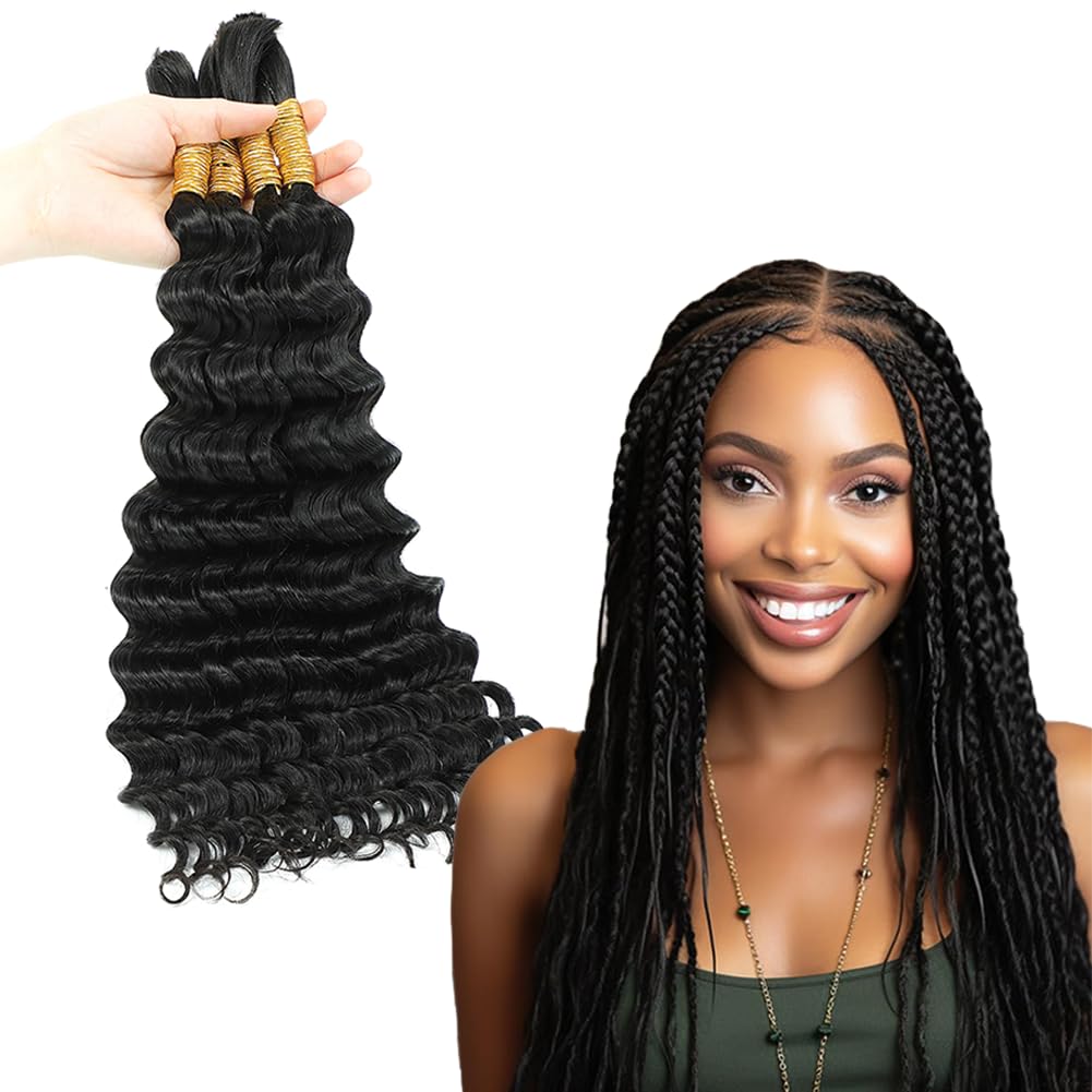 HEFABRIGHT Deep Wave Bulk Raw Human Hair Extension for Braiding Double Drawn Human Hair Extension For Braiding Micro Braiding No Weft Hair Extensions 18 Inch Natural Black 200g（50g x 4）