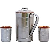 Copper and Stainless Steel Water Pitcher 1.5L (50.72 US Fl Oz) Capacity with 2 Matching Tumblers, Heavy Duty Steel and Pure Copper Water Jug for Ayurveda Health Benefits