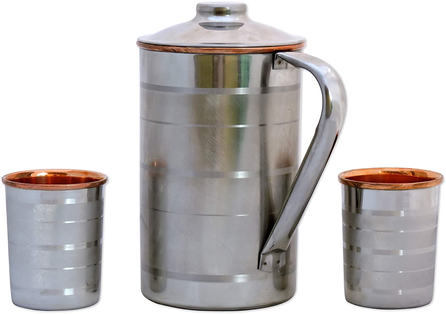 Stainless Steel and Pure Copper Water Pitcher with Matching Tumblers | Steel and Copper Pitcher for Drinking Ayurvedic Water (57.48 fl. Oz.)