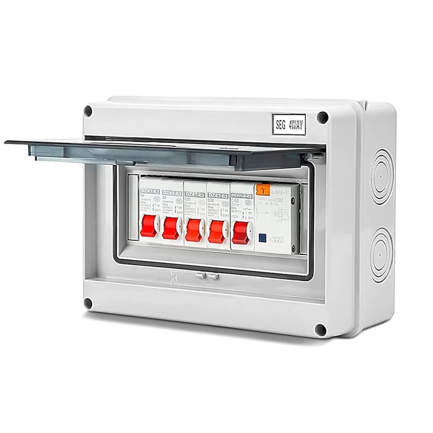 Uadme 4 Way Consumer Unit Circuit Breaker, 63A 30mA RCD 4MCB 2x6A+20A+32A, IP65 Anti-Leakage Fuse Box With Protective Plastic Shield for Garages, Workshops, Small Factories