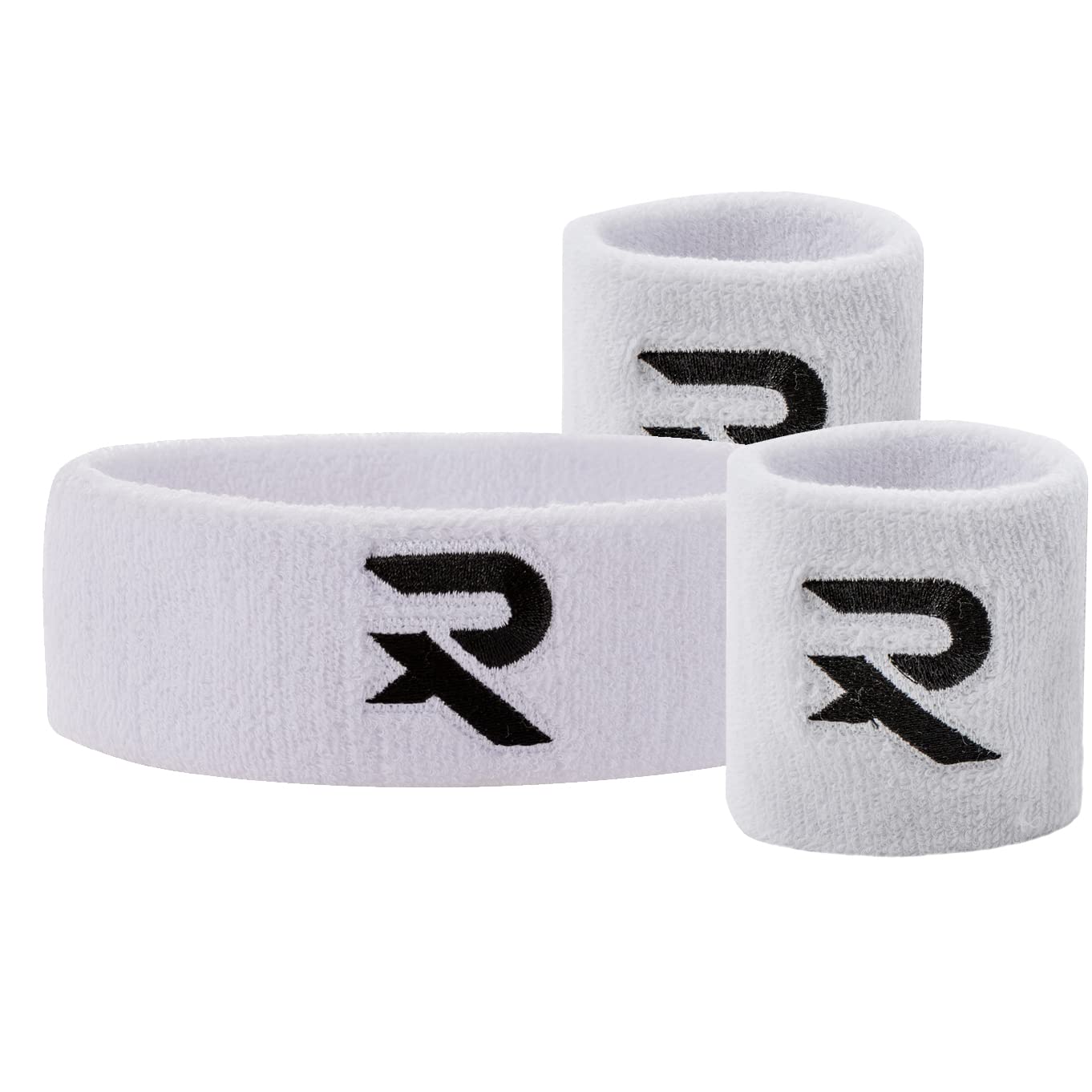 Raquex Wristband and Headband Set - Snug Fit Exercise Band - Cotton Sweat Bands for Men and Women - Stretchy Sweat Bands for Sports - 2 x Wrist Bands, 1 x Head Band (White)