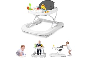 TODEFULL Baby Walker with Wheels, 3 in 1 Baby Activity Center for Boys Girls, Foldable Toddler Walker and Bouncer Combo W/Music Toys, Infant Walker for Baby w/Adjustable Height Speed, Grey