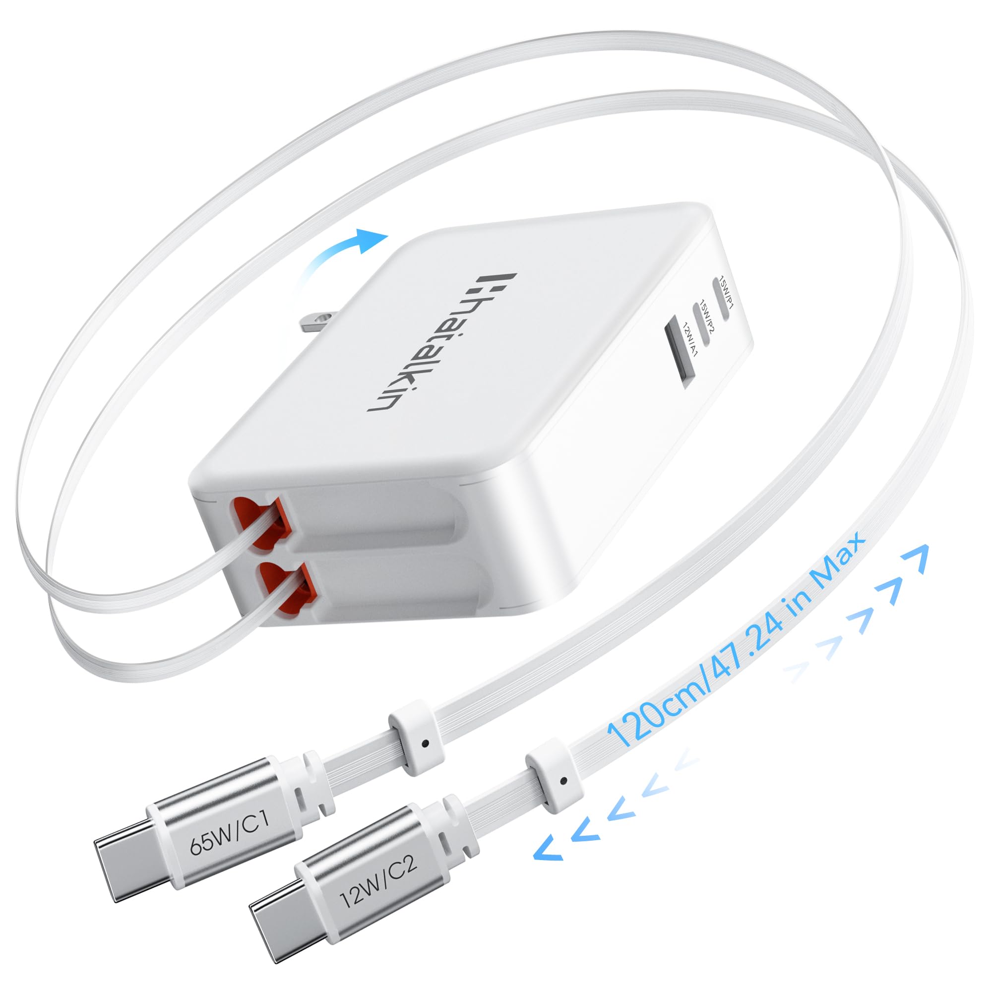 Photo 1 of 65W for MacBook Pro Charger,5-in-1 Retractable Wall Charger Plug for iPhone 17, Dual 3.94 ft PD USB C Cable&3 Ports, Fast Charging Block for Mac Book Pro/Air, M1 M2 M3 M4, iPad Pro,Galaxy,Pixel