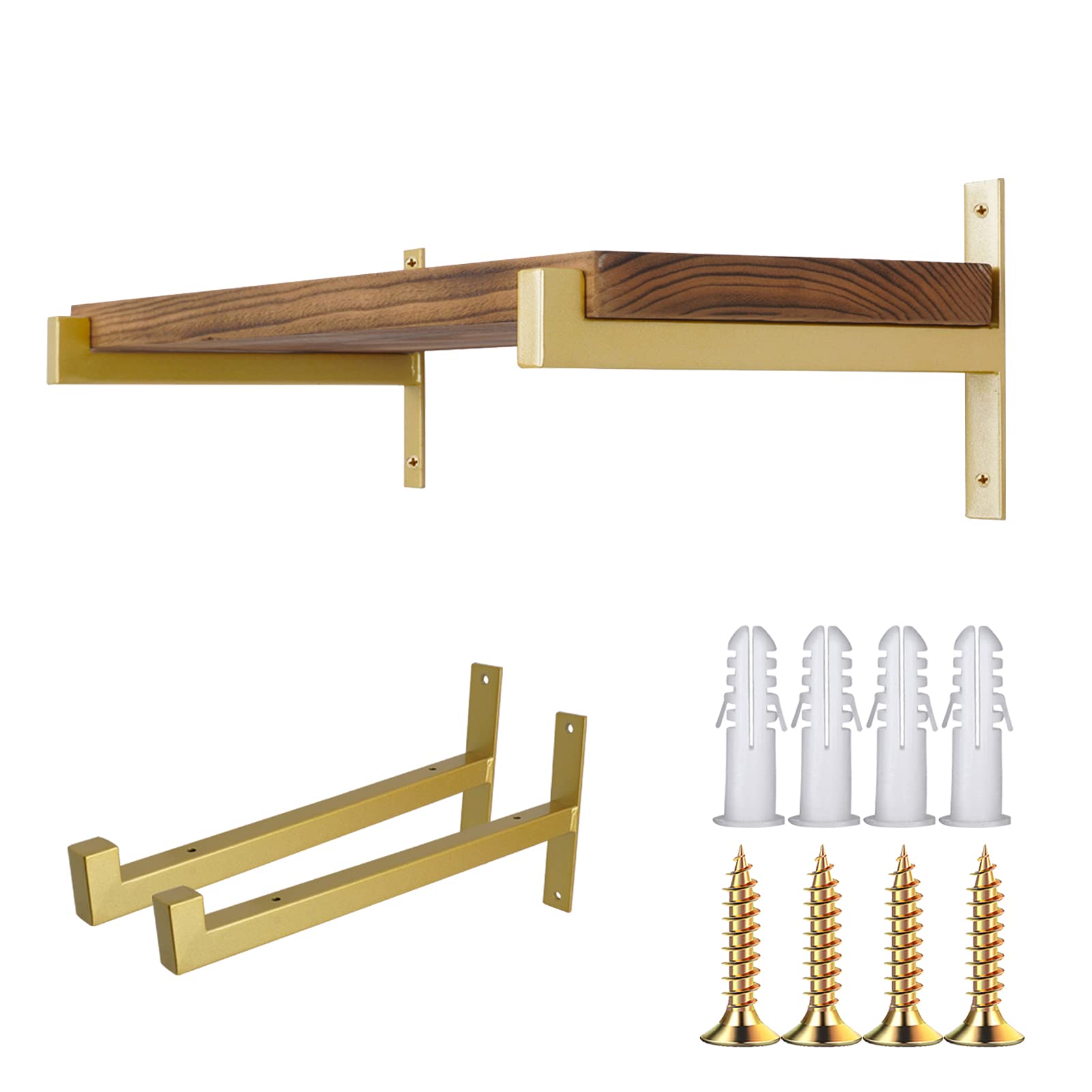 OVOV 2 Pcs Metal Shelf Brackets Heavy Duty Industrial Wall Mounted Floating Shelf Brackets (Gold) 8"