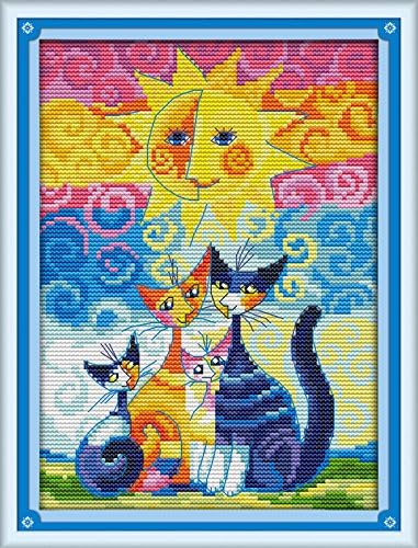 Stamped Cross Stitch Kits 14CT Pre-Printed Painting Cross Stiching DIY Art Crafts & Sewing Needlepoints Kit for Home Decor (Cats Under The Sun（2）)